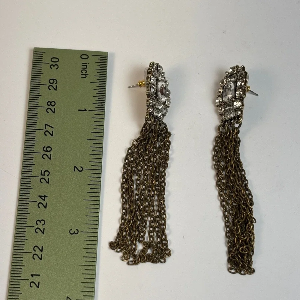 Crystal Rhinestone Drop Earrings‎ Brass Tone Multi Chain Fringe Statement